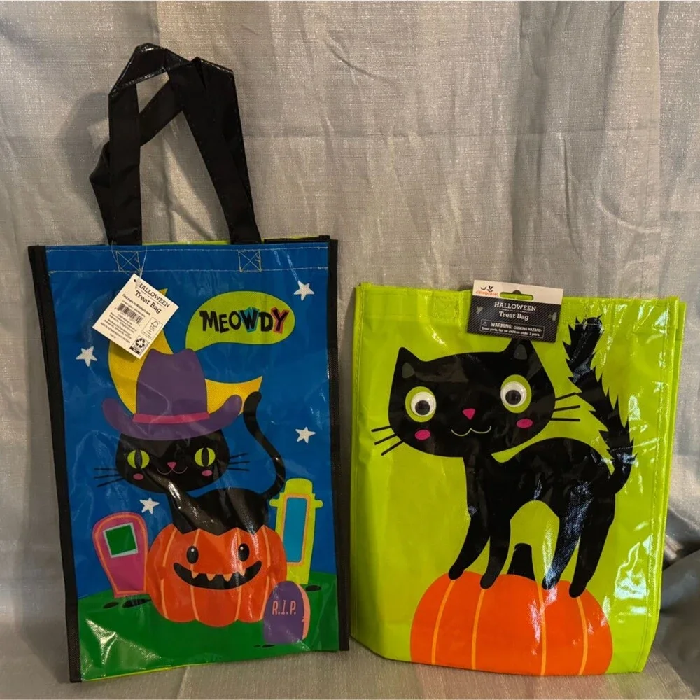 New Lot of 2 Halloween Tote Trick or Treat Candy Bags Black Cat Pumpkin Spider